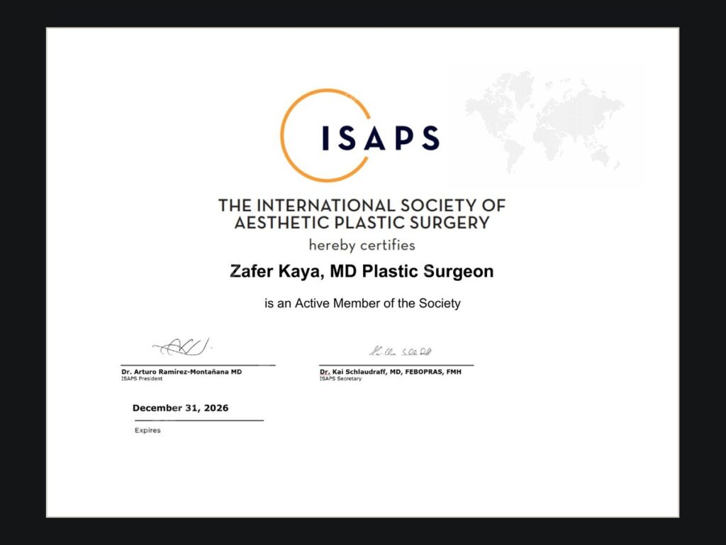 ISAPS üyelik belgesi – Op. Dr. Zafer Kaya